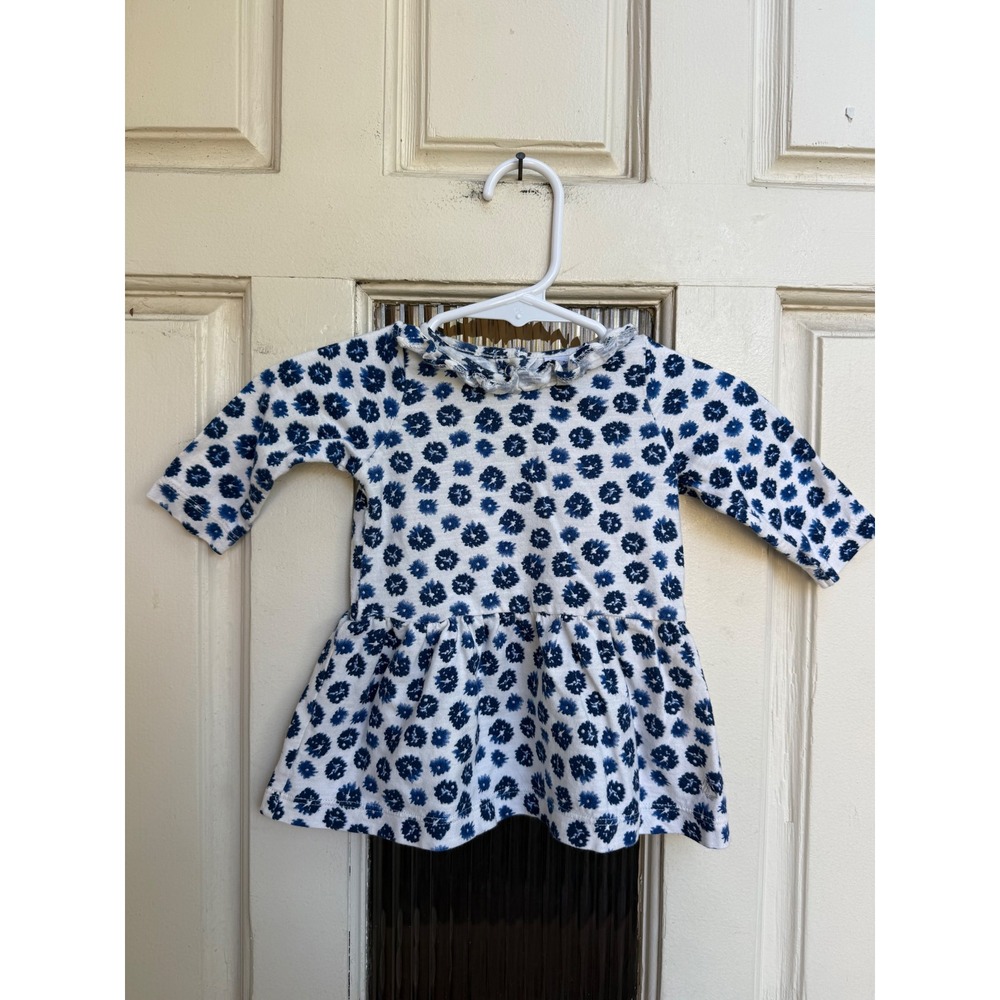 Petit Bateau Baby Girls Blue White Floral Ruffle Collar Cotton Dress Size 3M
